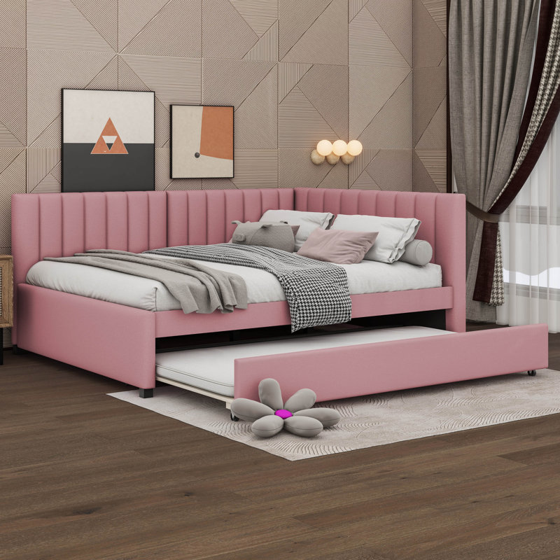 Full Size Upholstered Daybed with Trundle Sofa Bed Frame, Pink