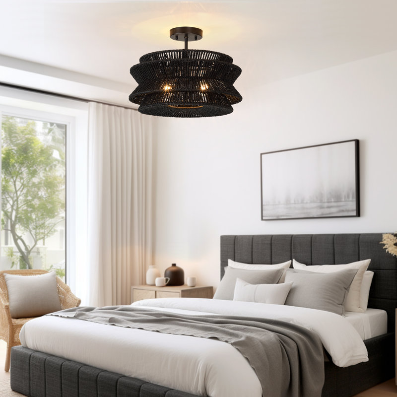 16 In. 2-light Bohemian Woven Rope Semi-flush Mount Ceiling Light, Black