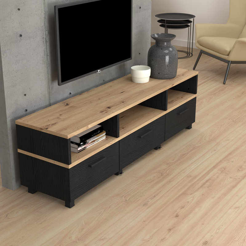 Janit Unfinished TV Stand for TVs up to 88", Black/Natural Wood