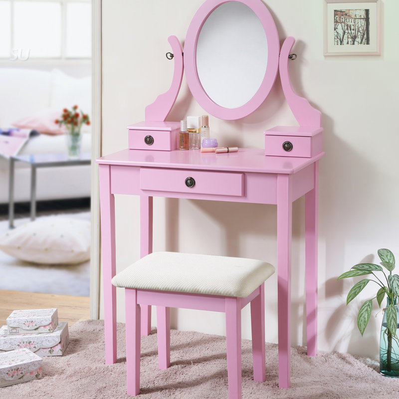 Ensemble coiffeuse et tabouret de maquillage Landisburg, Rose
