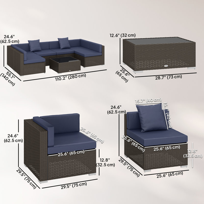 Ensemble de 7 meubles de patio avec coussins, table basse bleu marine