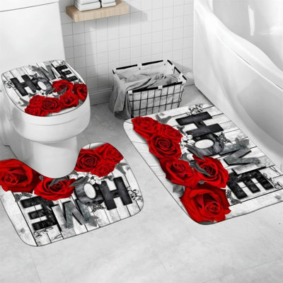 Red Rose 4 Piece Bathroom Set With Shower Curtain, Bath Mat, U Shaped Mat, Toilet Lid Cover And 12 Hooks