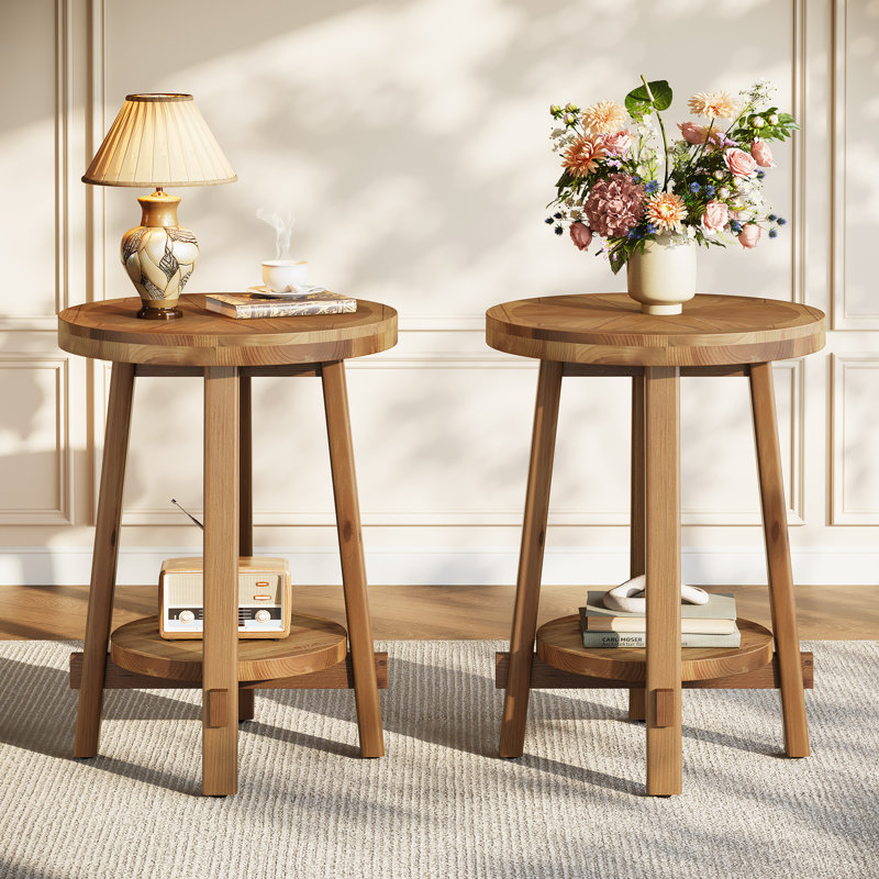 19.7 Inch Solid Wood Round End Table With Open Storage (Set of 2)