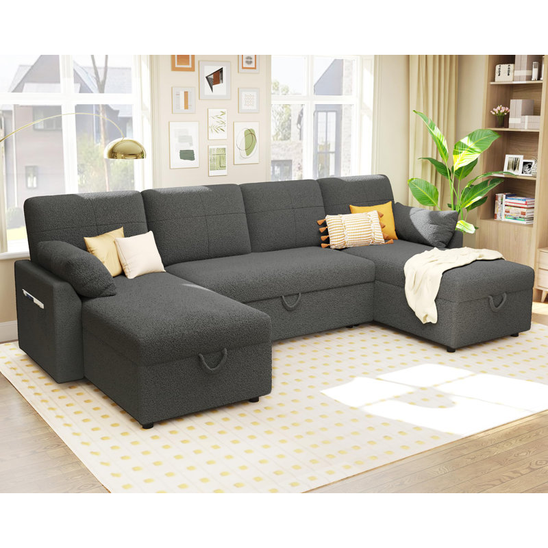 110 Inch Oversized Sofa Bed - 2 In 1 Pull Out Sleeper Sofa With Sectional And Double Storage Chaise, Gray Boucle