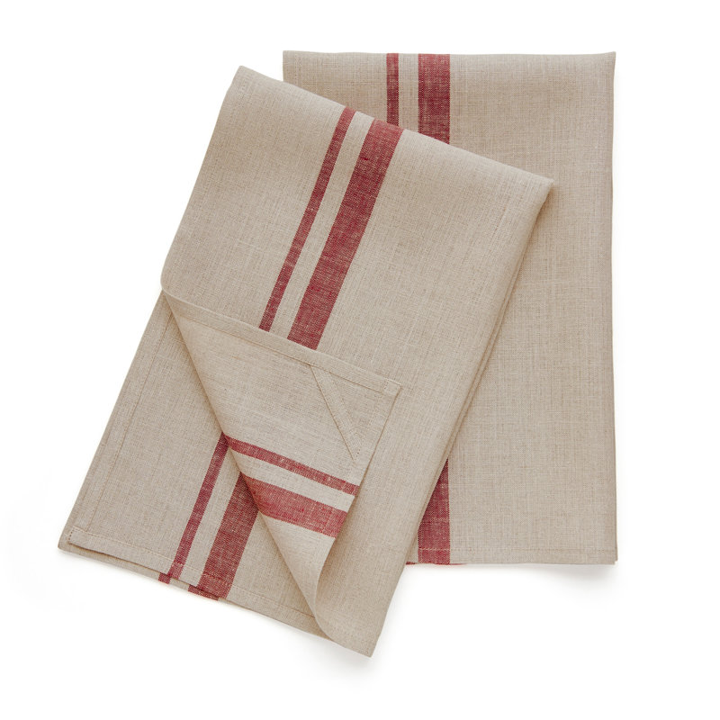 French Stripe - 100% Pure Linen Kitchen Towel, Red and Natural
