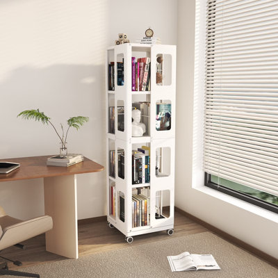 54.72" H 360° Rotating Bookshelf With Wheels, 4-Tier Freestanding Steel Bookcase, Mobile Storage Organizer With Anti-Fall Baffles, For Living Room, Bedroom, Home Office