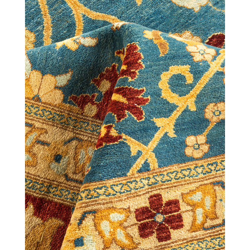 Tapis bleu Haynie en laine noué à la main 12 pi 1 po x 17 pi 3 po