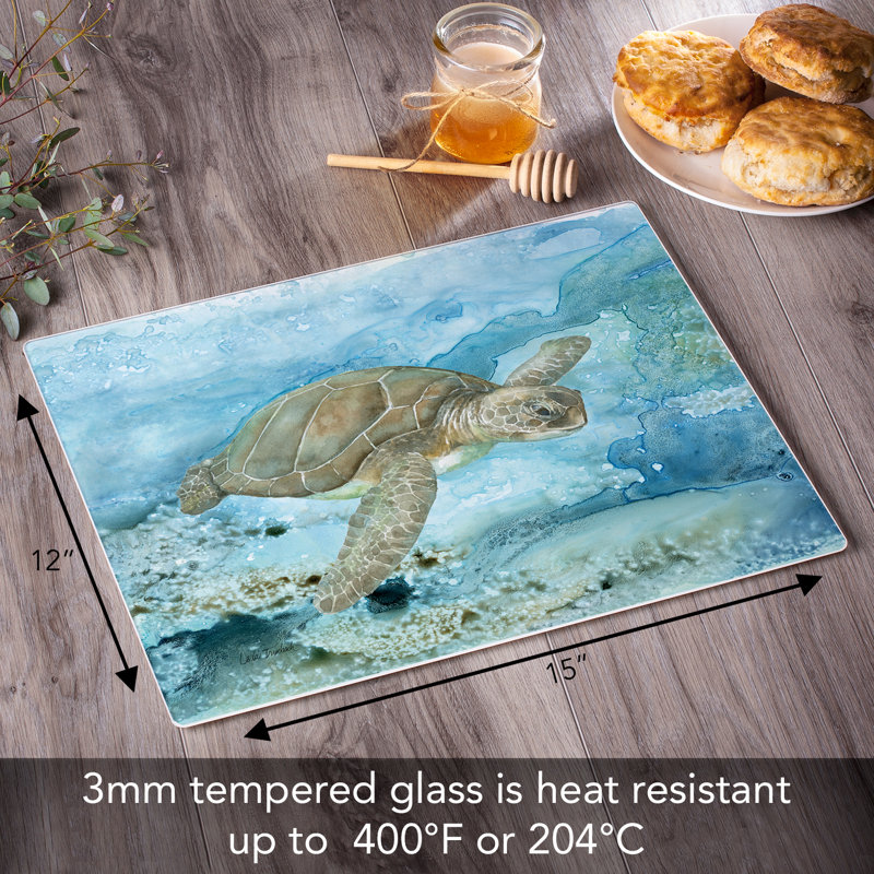 Under Sea Life Tempered Glass Cutting Board with Sea Turtle Design