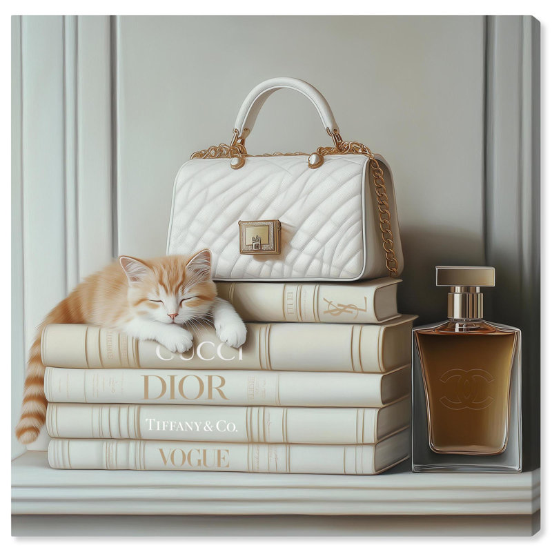 Ivoire, livres et chaton, reproduction d'art sur toile par Art Remedy, Peinture sans cadre, Toile tendue, H 16 po x l 16 po