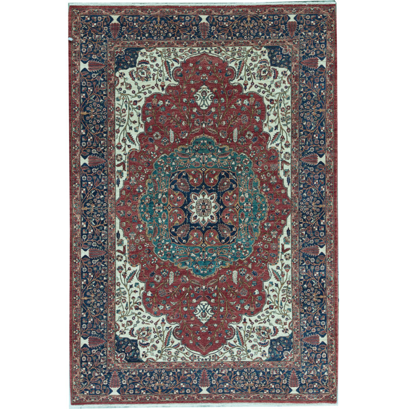 Tapis rouge et bleu noué à la main de haute qualité