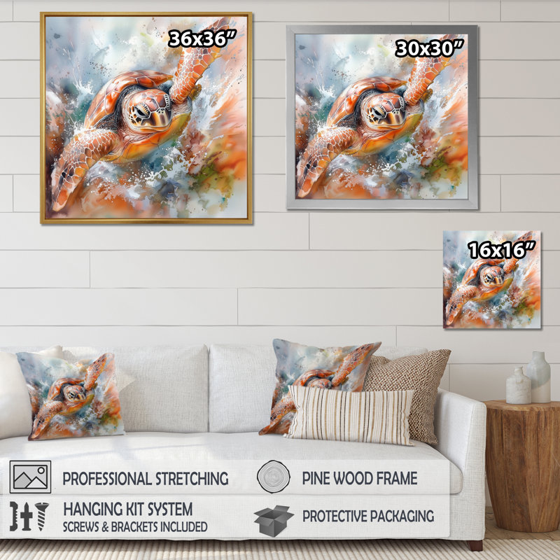 «Oceans Turtle Journey II - Tortue», reproduction sur toile, Reproduction encadrée d'une seule photo sans pass, Noir
