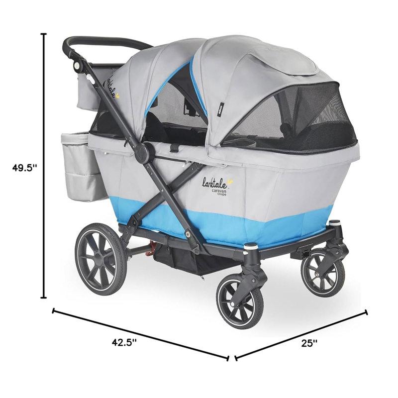 Larktale Caravan Coupe V2 Compact Stroller, Reclining 2-Seat Wagon, Gray, Gray/Blue, 15" H x 25" W x 38" D