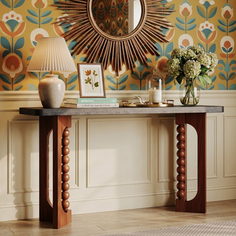 Console 59 po avec pieds sphériques sculpturaux, canapé en bois rustique pour le salon et le couloir