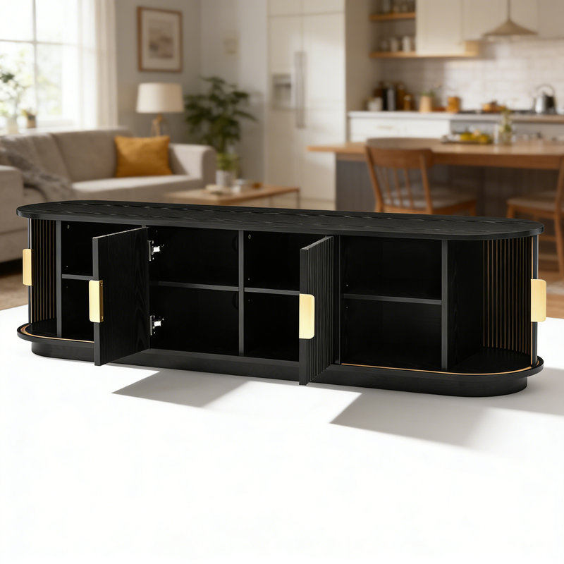 Wooden TV Stand with Sliding Tambour Door for TVs up to 75", Fluted Media Console with Adjustable Storage, Black