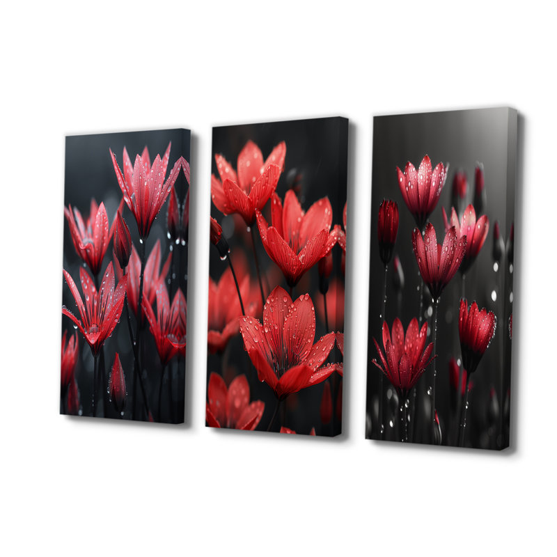 Monochromes rouges, noirs, pissenlits, gouttes de pluie, H 32 po x l 48 po, Toile tendue, Ne s’applique pas