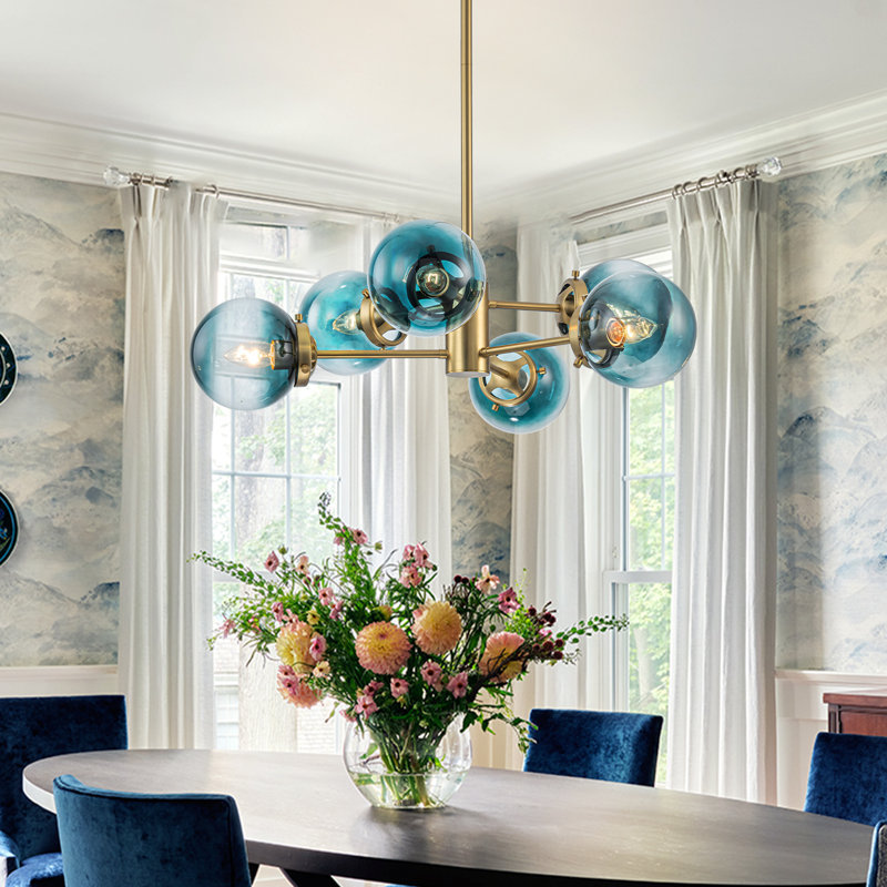 Arianys 6 - Light Dimmable Sputnik Modern Linear Chandelier, Gold, Blue