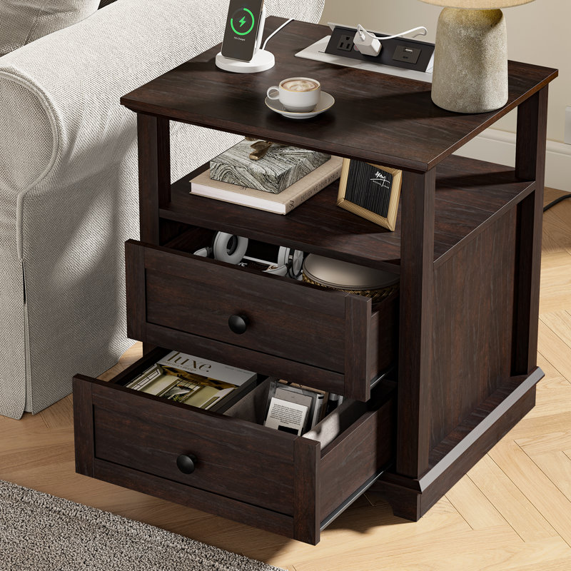 2 Drawer Danforth with Storage and Built-in Charging Station, Espresso