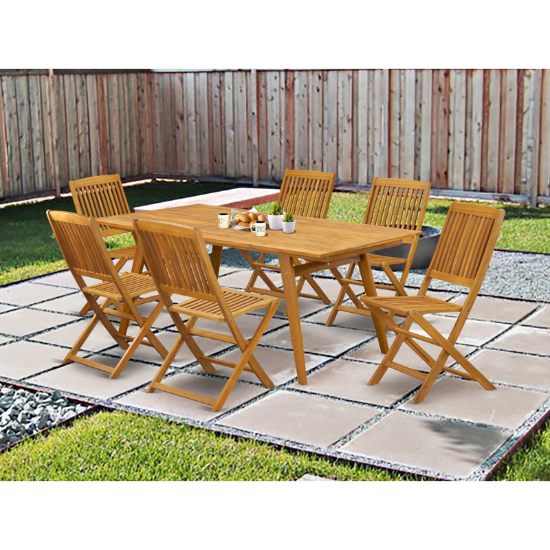 7 Piece Patio Garden Table Set Consist of a Rectangle Outdoor Acacia Wood Dining Table and 6 Folding Side Chairs, 40x72 Inch, Natural Oil