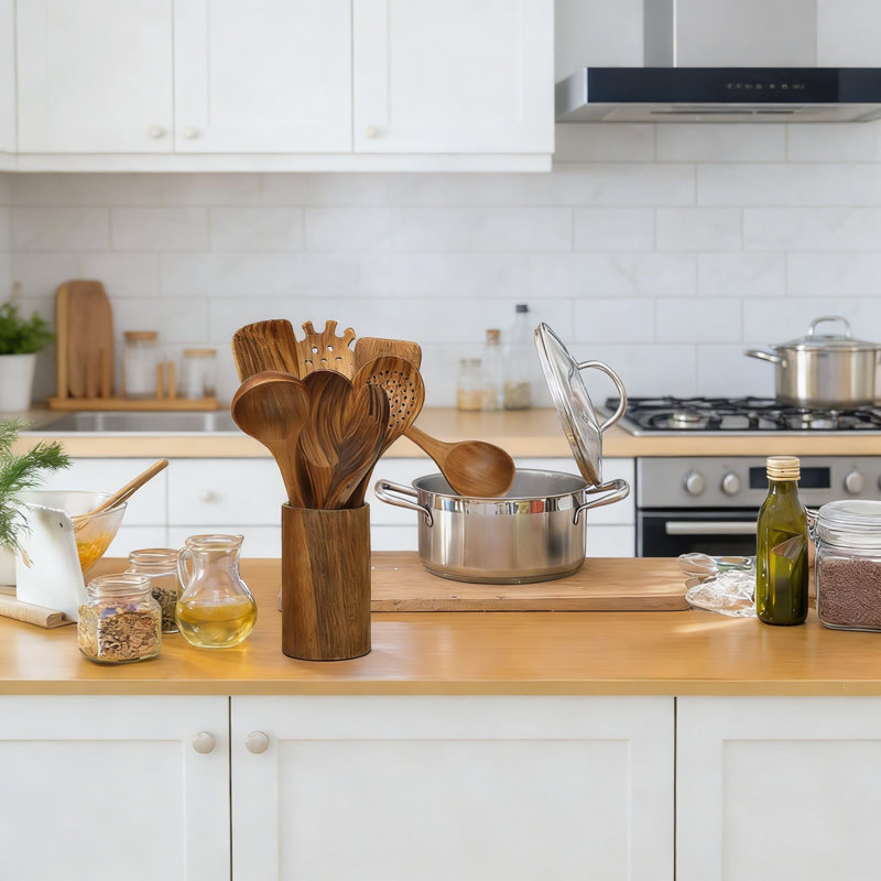 Ensemble d'ustensiles de cuisine en bois de teck 7 pièces avec spatule et louche, ustensiles de cuisine résistants à la chaleur pour casseroles antiadhésives, écologiques et durables