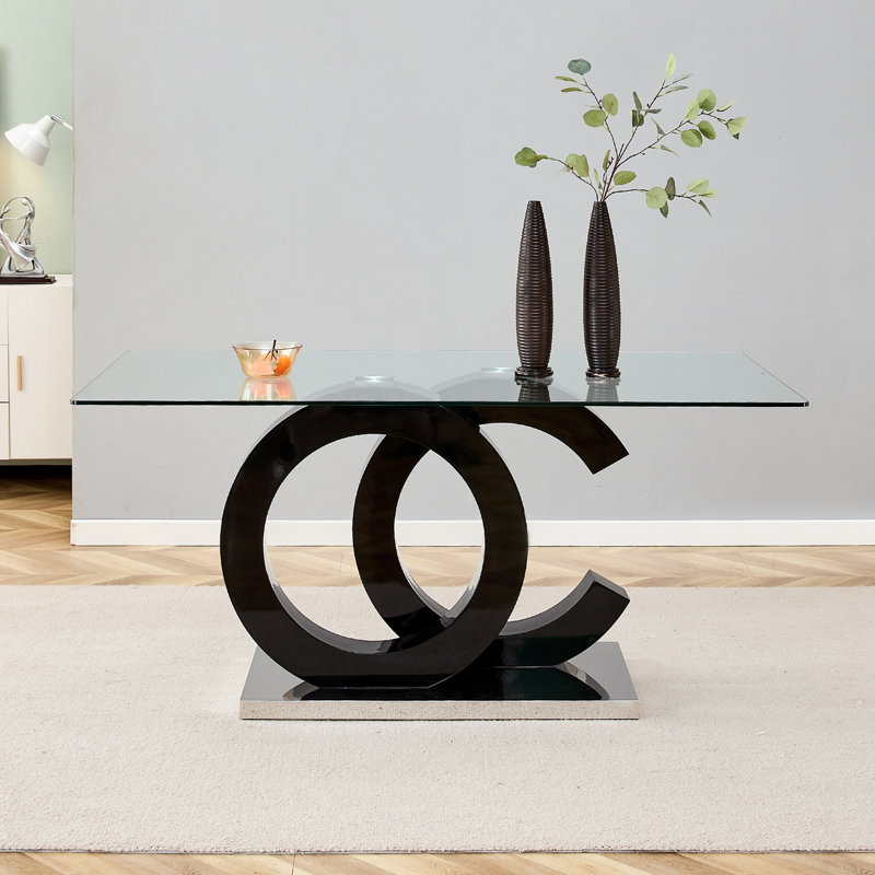 Grande table de salle à manger rectangulaire moderne en verre minimaliste pour 6 à 8 personnes avec plateau de table en verre trempé de 0,39 po en MDF et base en métal, pour la cuisine, la salle à manger et le salon.