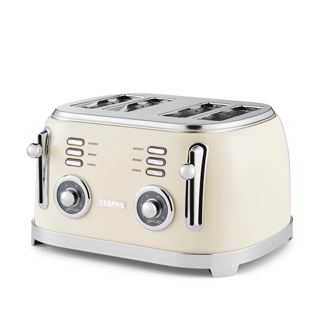 GEEPAS Retrovive 4 Slice Bread Toaster | Extra Wide Slot 6 Browning Level | Defrost/Reheat/Cancel Function Removable Crumb Tray | Cool Touch Exterior