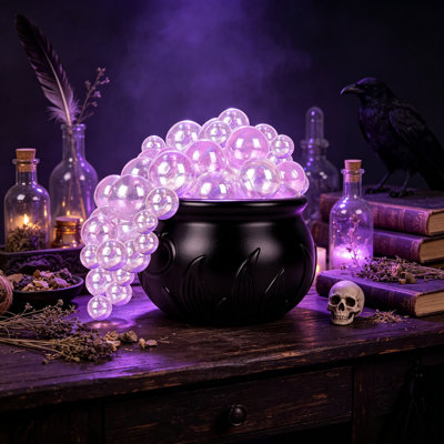 Halloween Witch Cauldron with Lighted Bubbles, 7.87" Spooky Witchcraft Potion Decoration for Home Party Tabletop Mantel Shelf