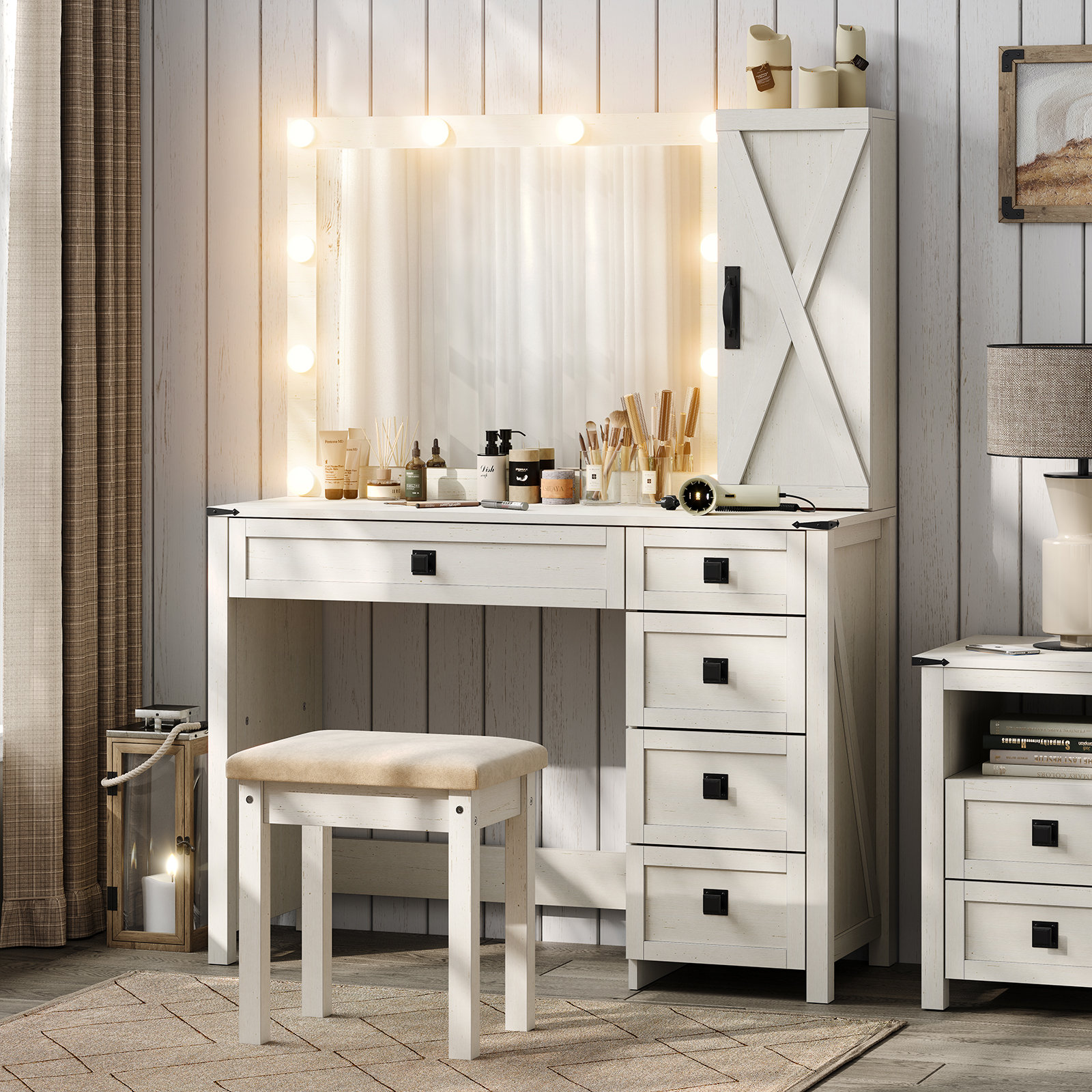 Gracie Oaks Barbay Farmhouse Makeup Vanity with Lights and Stool Wayfair