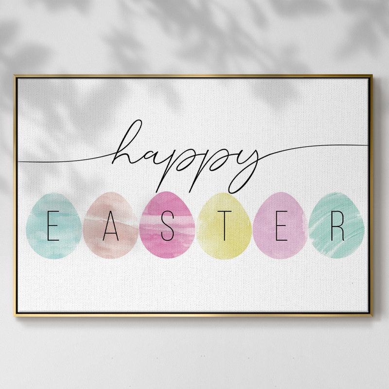 Joyeuses Pâques, peinture sur toile encadrée, H 17 po x l 25 po x P 2 po, Encadrement doré