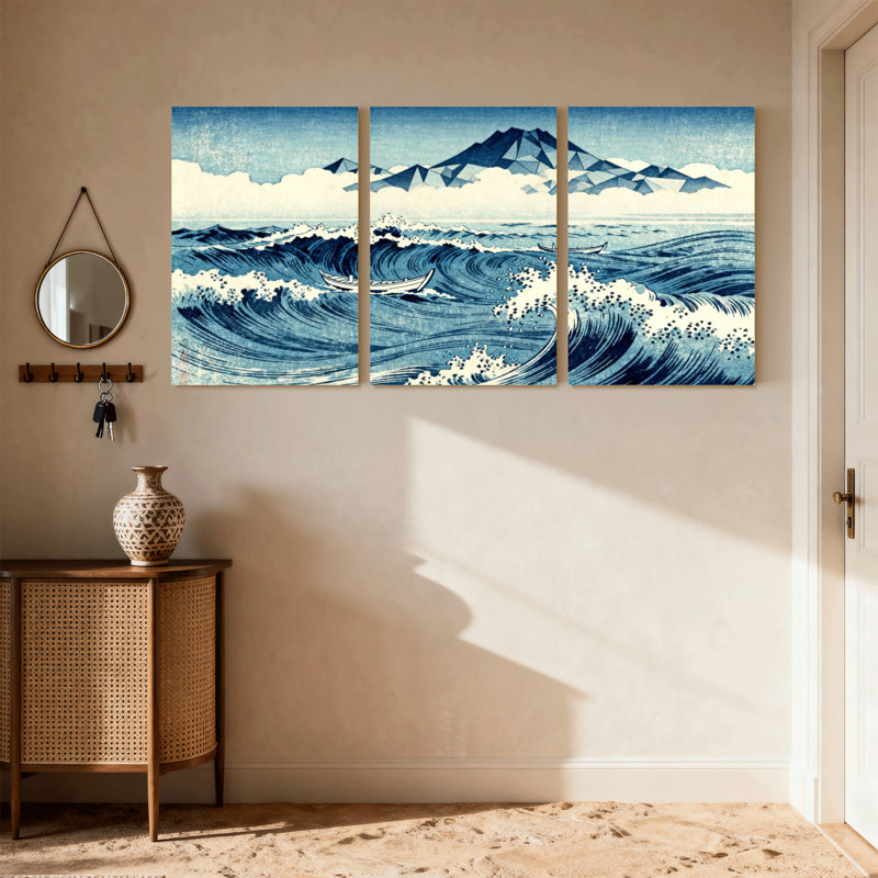 «Ocean Waves Boat Mountains Sky Reflection», ensemble de 3 reproductions d'art sur toile, H 24 po x l 48 po
