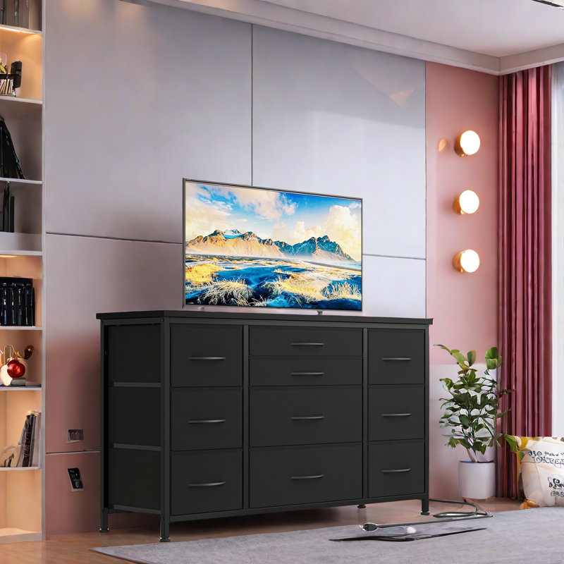 Commode 10 tiroirs avec prise de courant, Noir pur