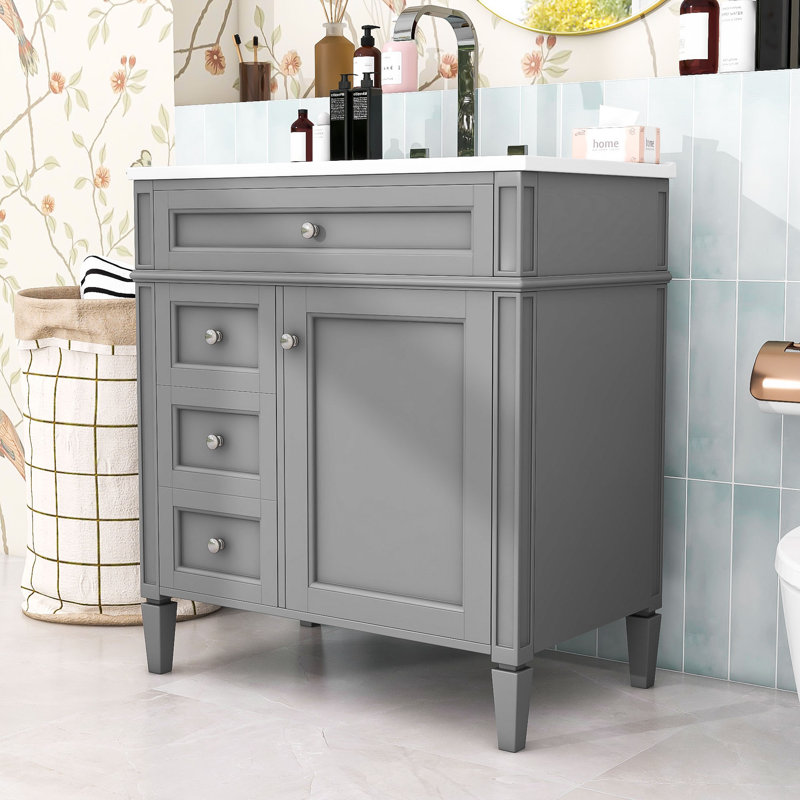 30-Inch Bathroom Vanity with Ceramic Top, Soft-Close Door Cabient and 3 Drawers, Gray