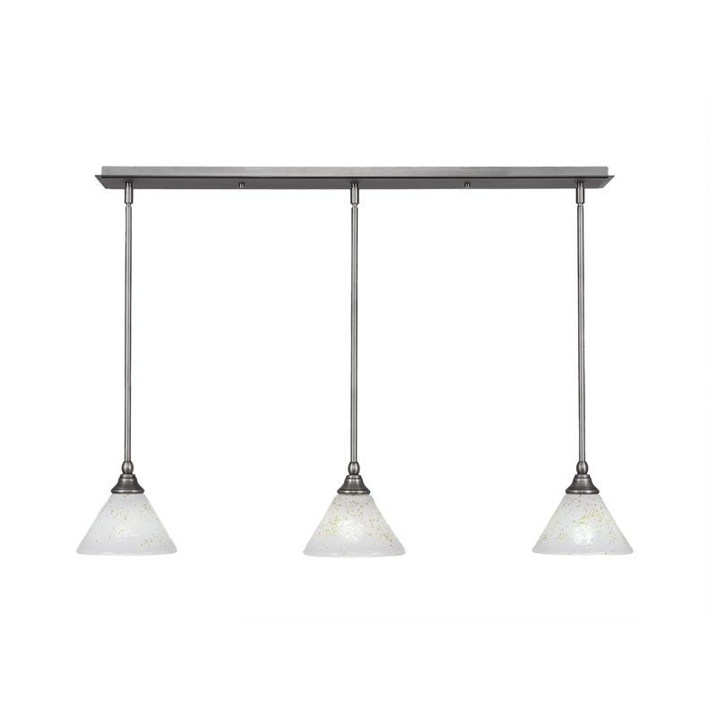 Luminaire suspendu linéaire sur pied 3 lumières avec verre de glace doré, Nickel brossé, H 6,25 po x l 39,25 po x P 7 po