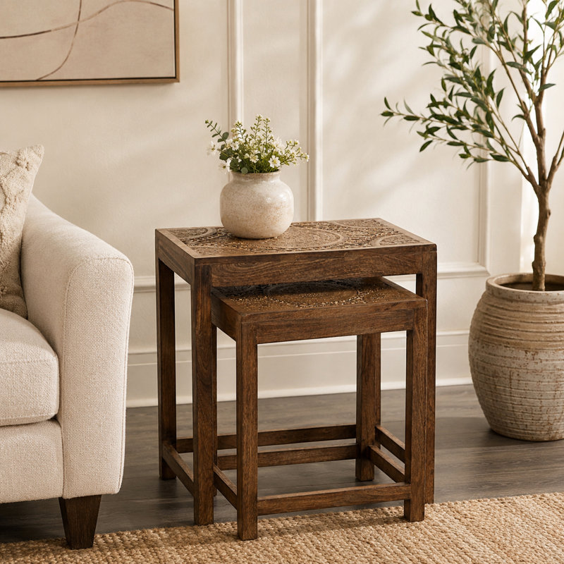 Ensemble de 2 tables gigognes en bois de manguier massif Fulcher, Brun, Brun