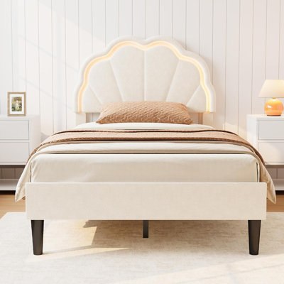 Velvet Platform Bed Frame with Adjustable Seashell Headboard & LED Light, Under-Bed Storage, No Box Spring Needed, Sturdy Quiet Support