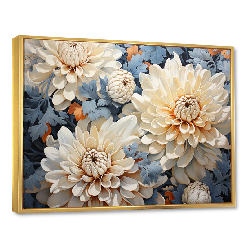 «White and Blue Chrysanthemums», mosaïque sur toile, H 24 po x l 32 po x P 1 po, Cadre flottant doré