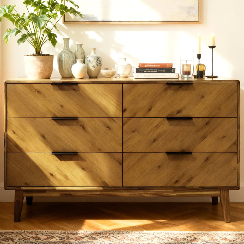 54" Solid Acacia 6-Drawer Dresser, Minimalist Architectural Statement Chest for Bedroom & Living Room, Walnut