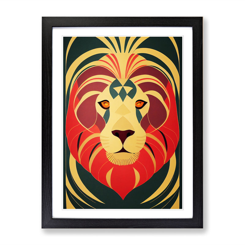 Lion Art Deco Vol.5 - Picture Frame Print, 46cm H x 34cm W x 2cm D, Oak