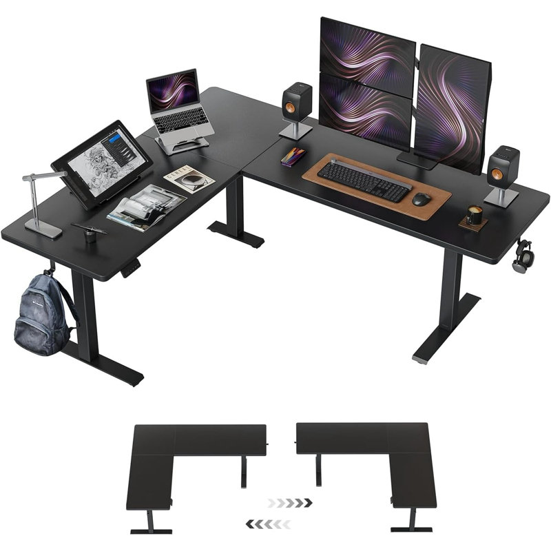 Bureau debout réglable en L 75 po, Noir / Noir, H 28,3 po x l 75 po x P 63 po