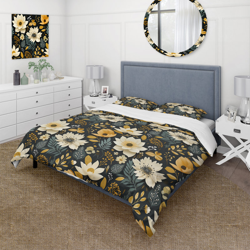 Ensemble de housse de couette à motif floral beige et vert Nostalgia, Housse de couette pour grand lit et 2 taies décor