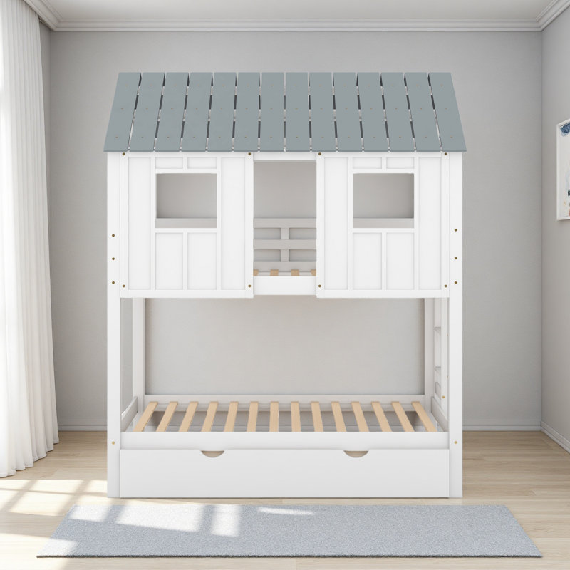 Twin Size House Bunk Bed With Trundle,Roof And Windows
