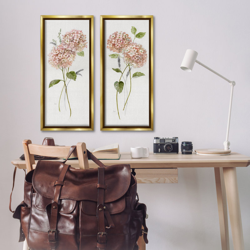 Ensemble de 2 cadres flottants roses à hortensias roses, design par Nan, H 31 po x l 15 po, Cadre flottant métallique doré