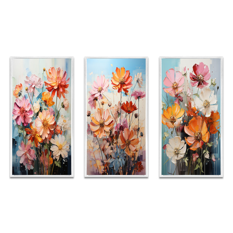 «Light Color Zinnias Flowers Collage», 3 pièces sur toile, Cadre flottant blanc, H 28 po x l 36 po