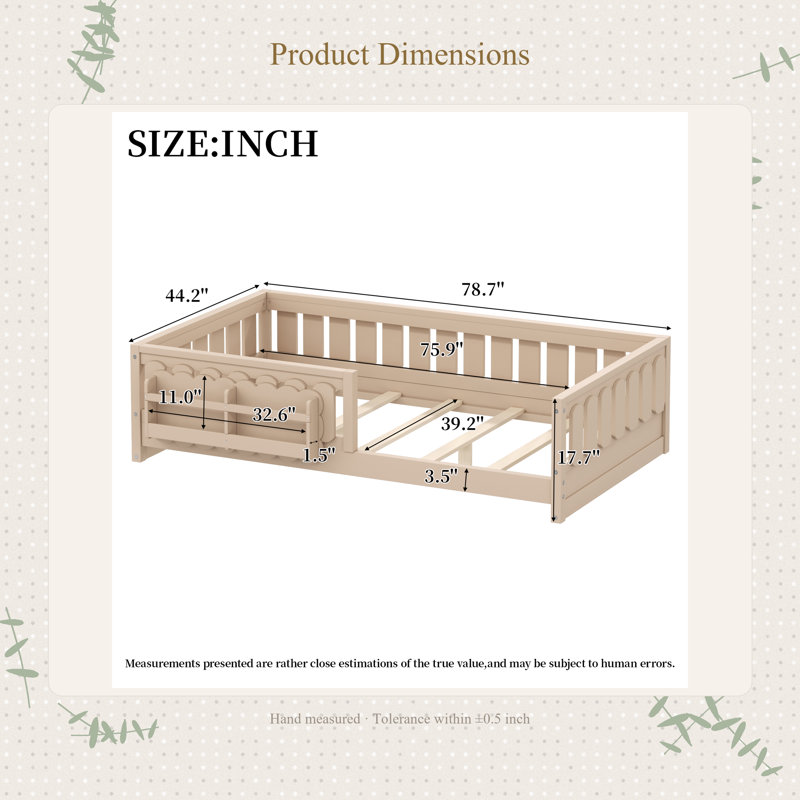 Lit plateforme simple en bois avec garde-corps et tablettes de rangement, naturel, Naturel