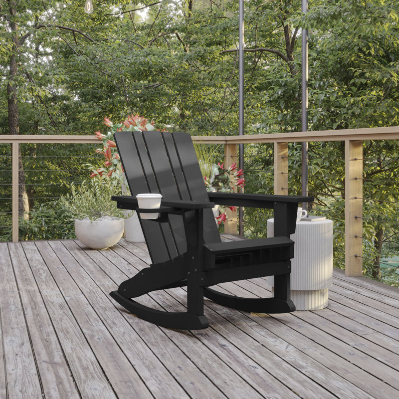 Beauton Commercial All-Weather Rocking Adirondack Chair with Swiveling Cupholder, Black