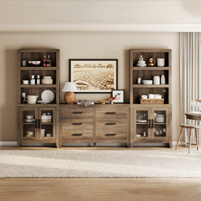 Entertainment Center With Bookshelves, Farmhouse TV Stand For 75 Inch TV, Wood Media Console With Glass Doors And 6 Storage Drawers For Living Room, Bedroom,Brown