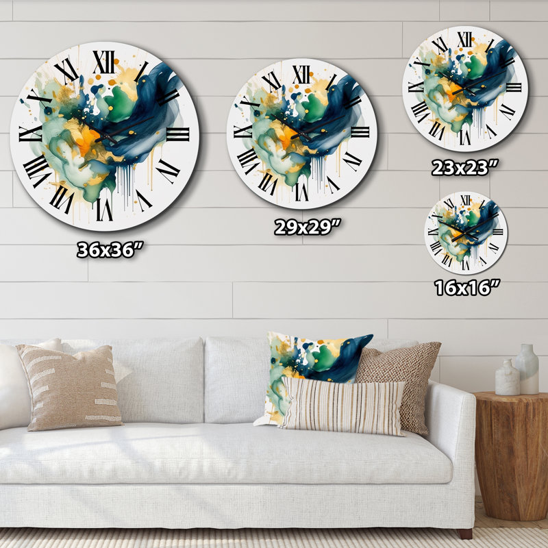 Horloge murale bleu foncé turquoise et coups d'or IV - Fractals, Très grand
