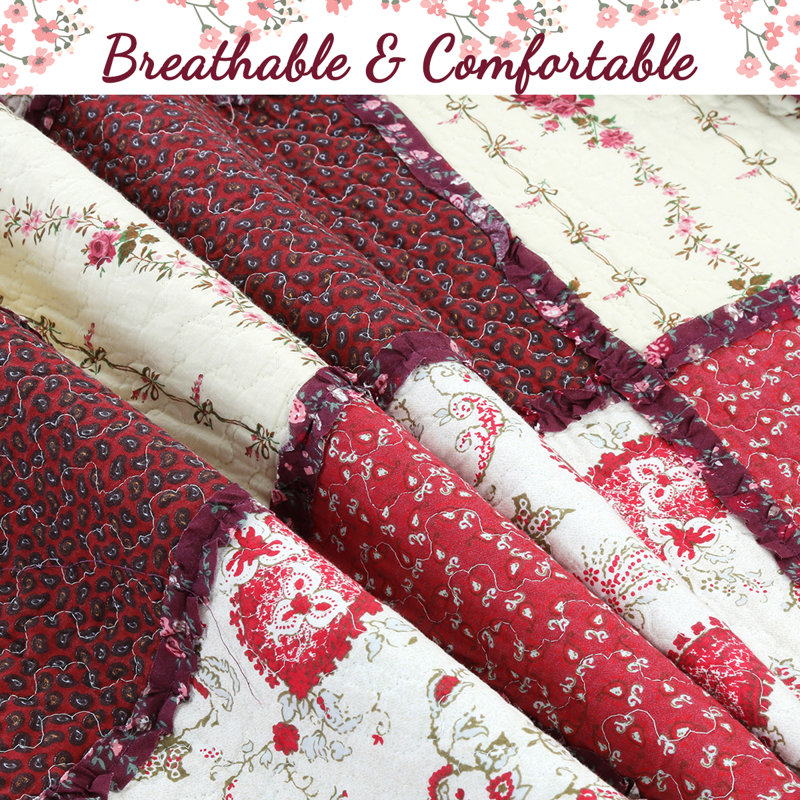 Queen Red Cotton Reversible Patchwork Quilt Set