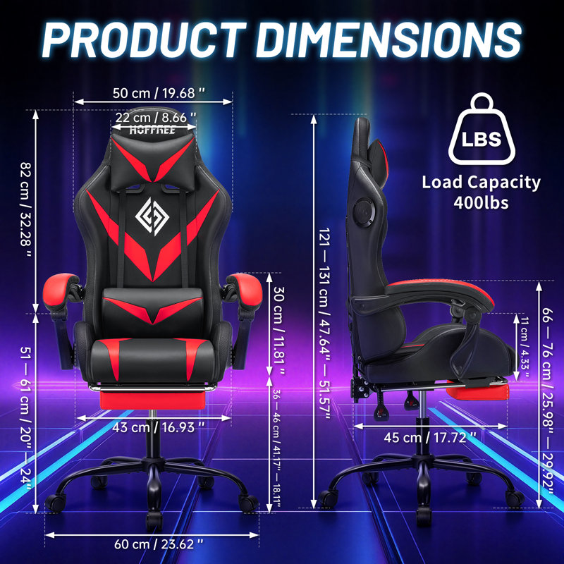 Hoffree Massage Ergonomic Gaming Chair with Bluetooth Speakers and RGB LED Lights, Red/Black