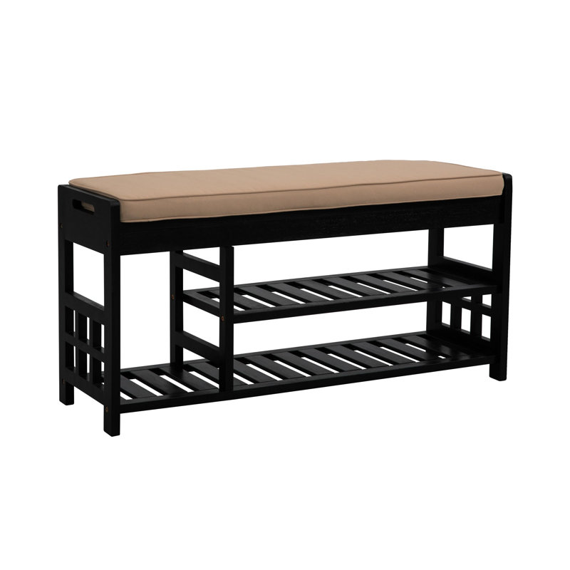 Solid Wood Shoe Storage Bench with Cushion, Black