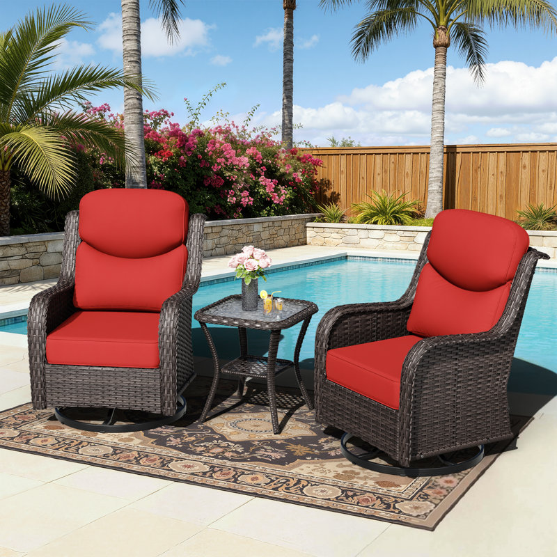 Adcox 2-Person Outdoor Patio Conversation Rattan Sets With Side Table,2 Swivel Chairs and Red Cushions, Red